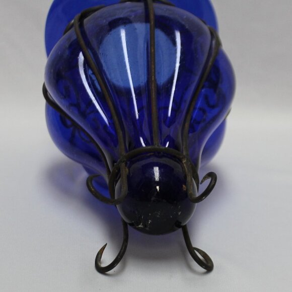 Vintage Cobalt Blue Hand Blown Caged Glass Vase - Picture 7 of 12